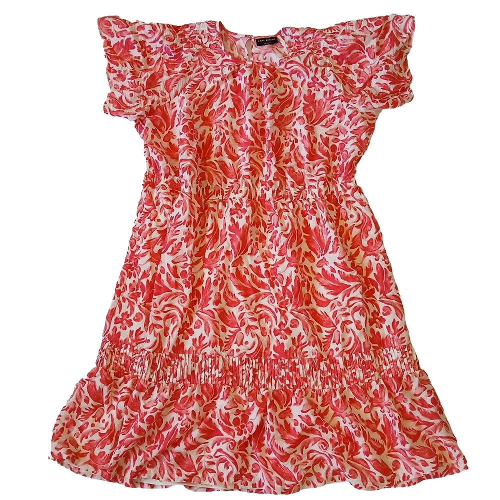 Lane Bryant Red And White Patterned Knee Length Elastic Waist Short Sleeve